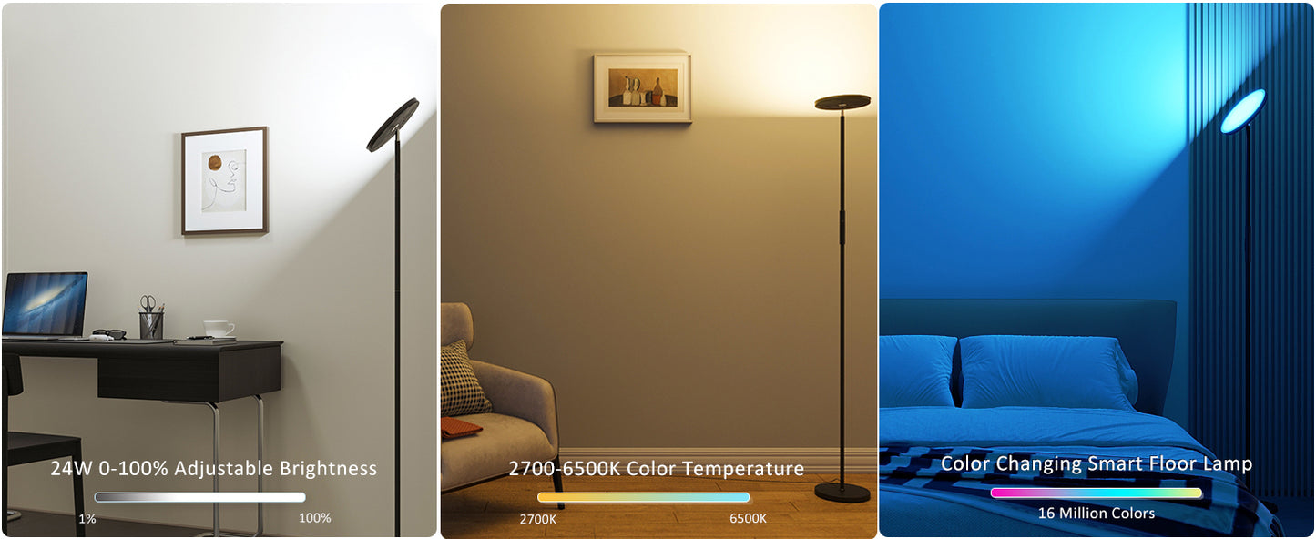 Modern Floor Lamp, WiFi Remote Modern Tall Standing Light, 2000LM (Black)