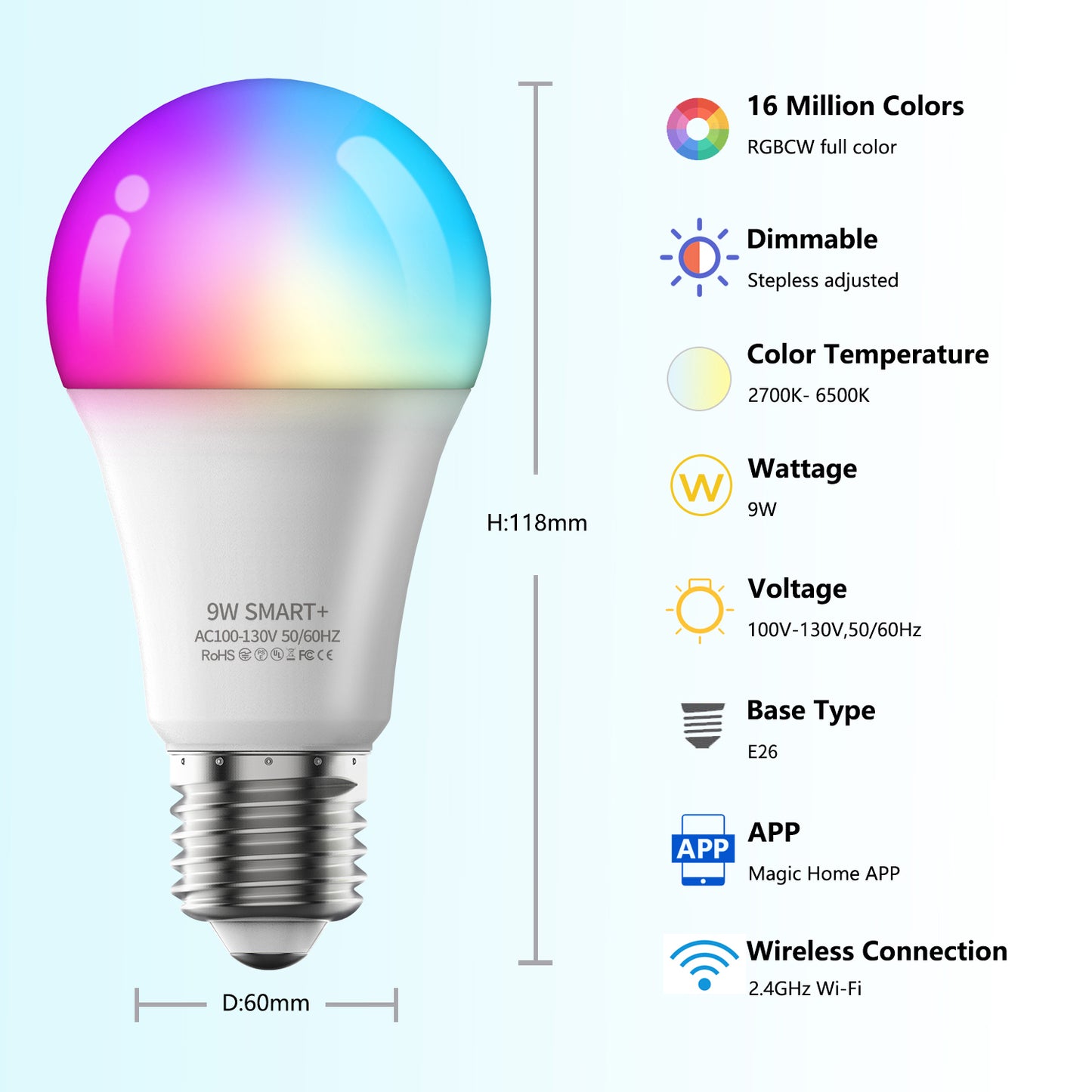 9W/10W/15W Wifi LED Smart Bulb RGB+CCT